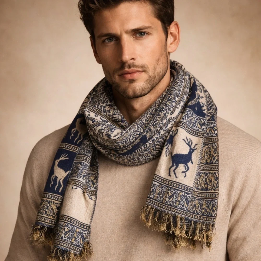 Vintage Authentic Egyptian Men's Blue and Cream Patterned Scarf Al Gazala Ataa